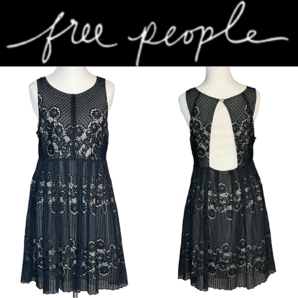 FREE PEOPLE ROCCO BLACK SLEEVELESS LACE FIT AND FLARE OPEN BACK MINI DRESS